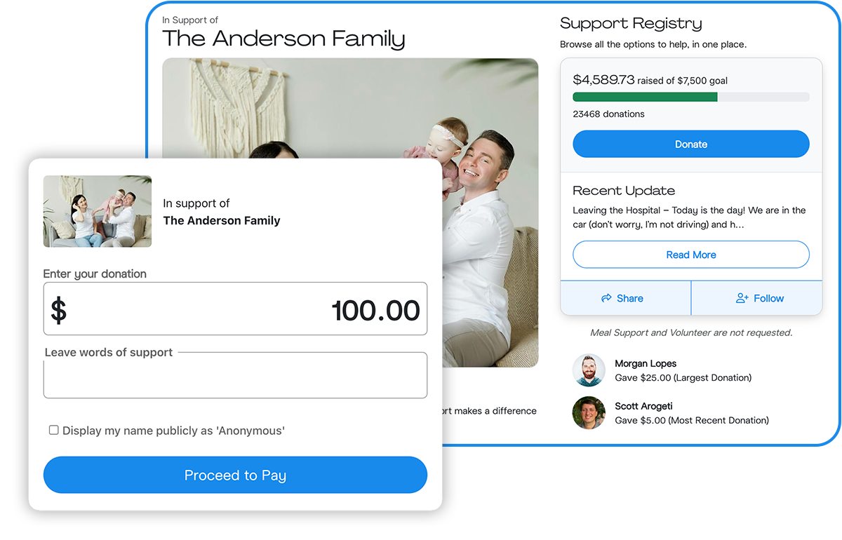 SupportNow fundraising page for a family