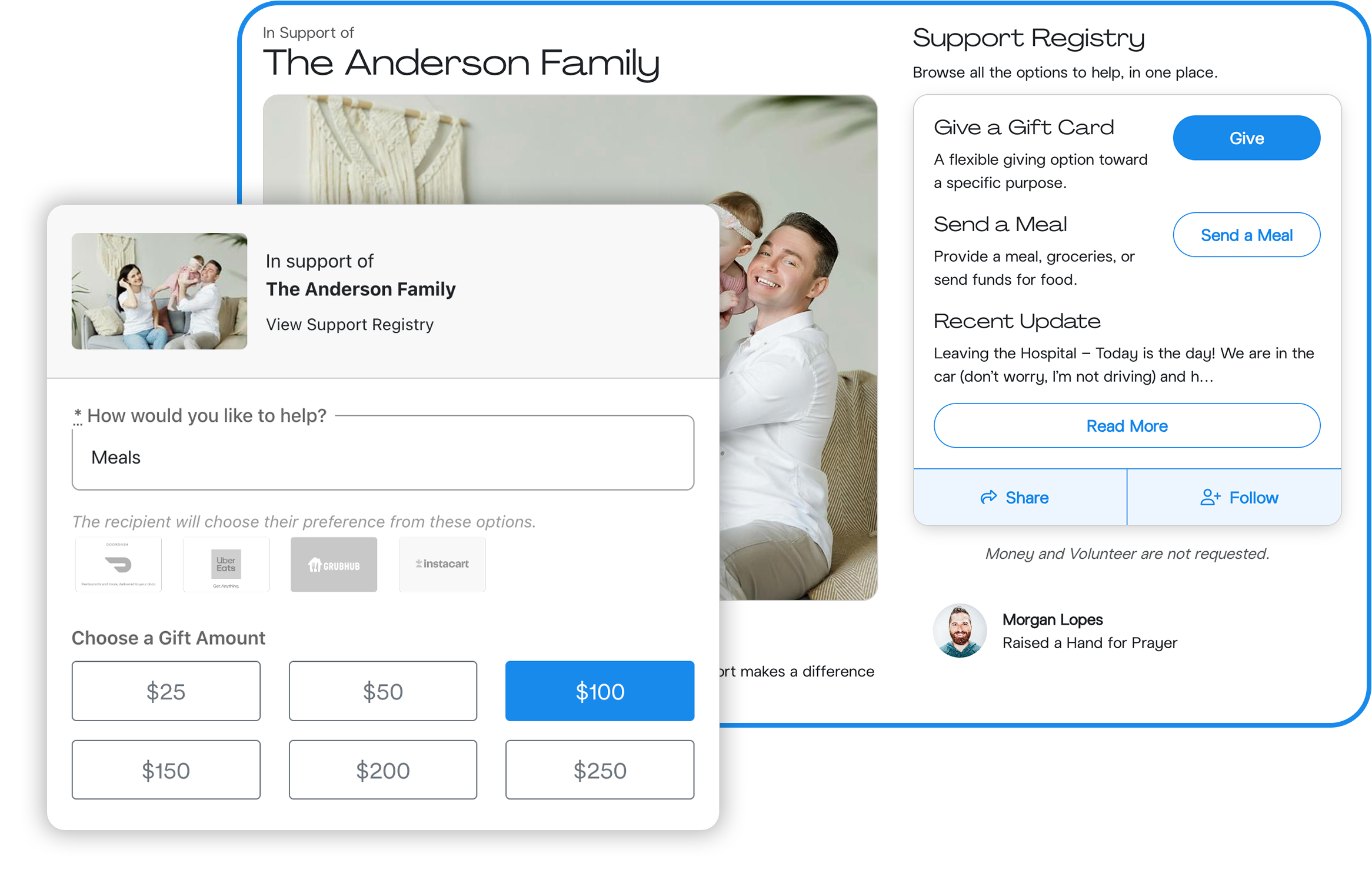 Flexible meal options, including meal drop-off, meal funds, and gift cards, so support matches the family's needs.